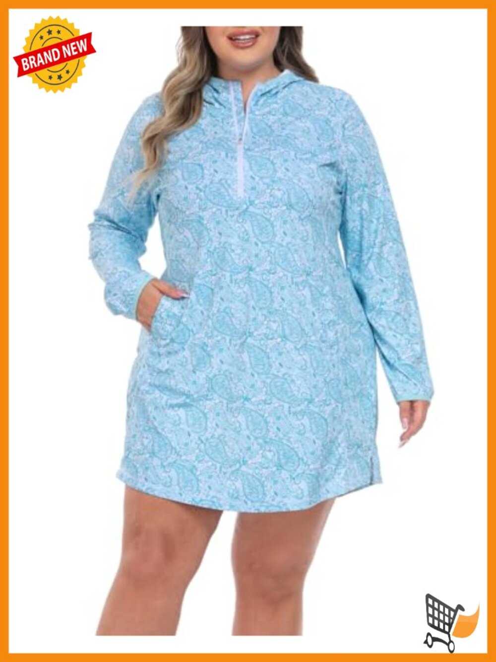 Plus Size Swim Cover Up Dress with Hood UPF 50 Long Sleeve